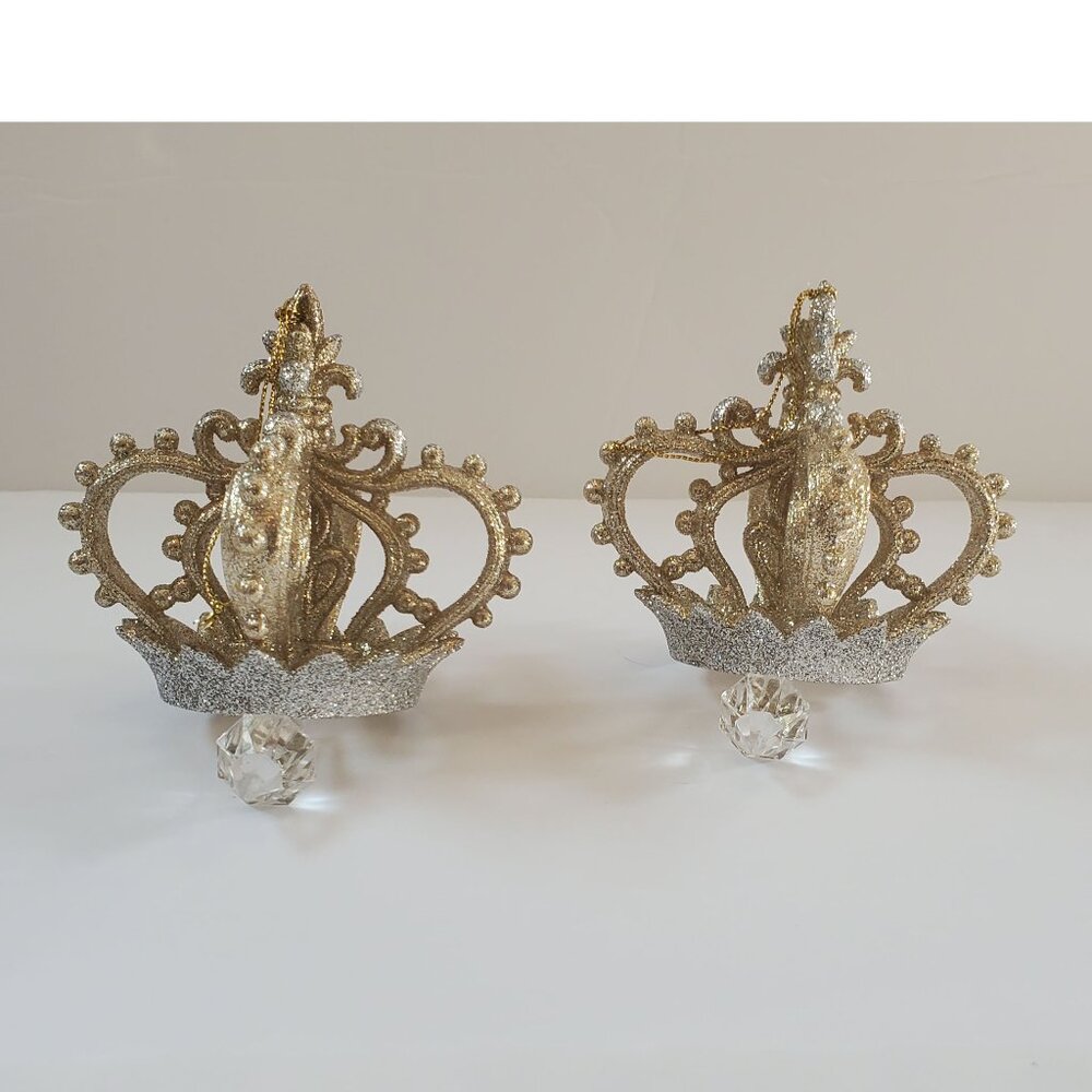 Silver & Gold Crown Crystal Christmas Tree Ornaments Set of 2